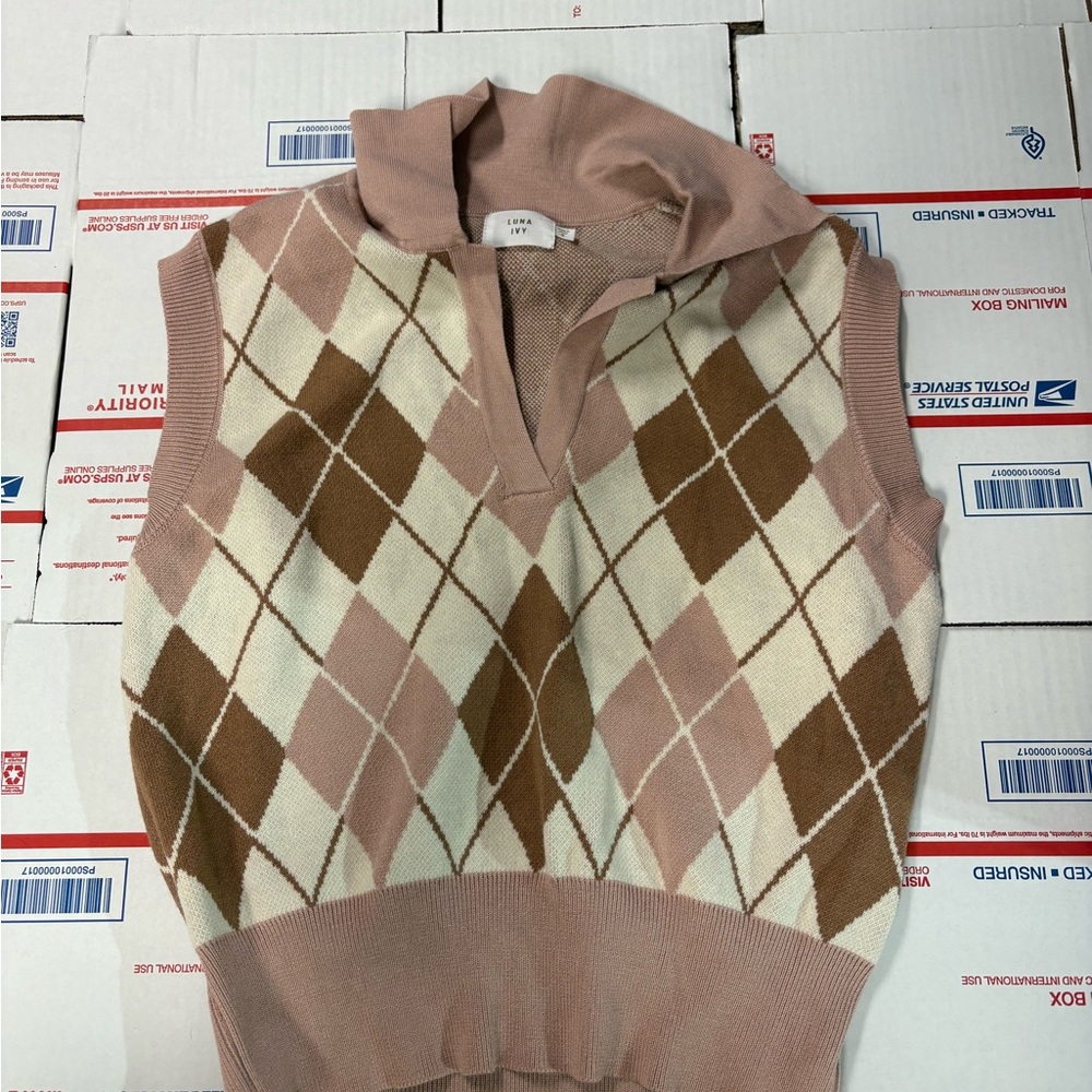 Argyle Knit Sleeveless V-Neck Sweater Vest in Pink & Cream by Luna Ivy